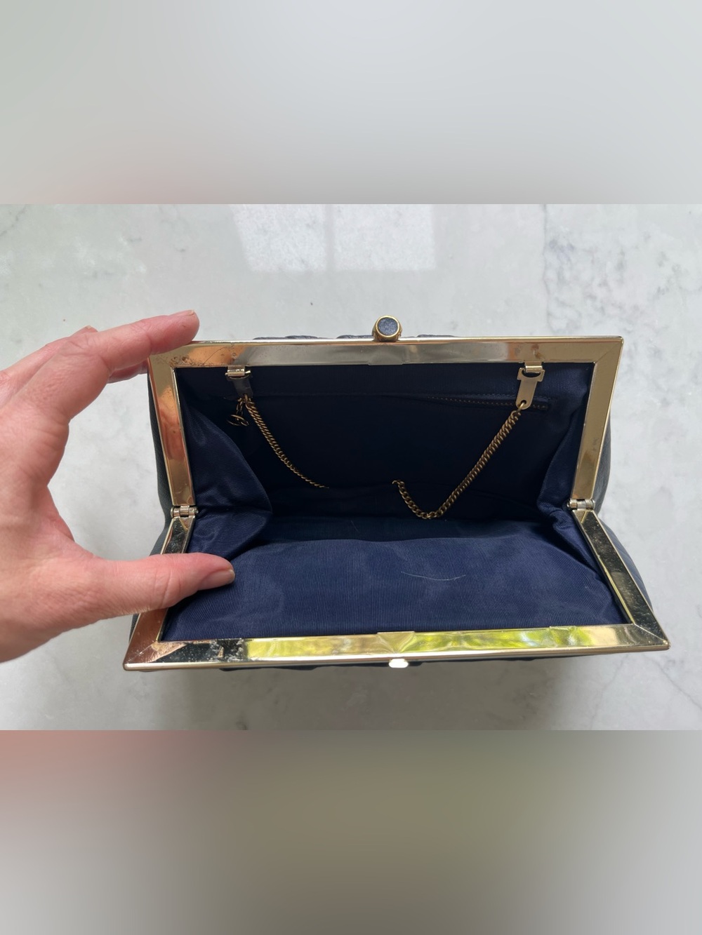 Vintage Navy Leather Clutch / Chain-Handle Evening Hand Bag - Picture 7 of 7